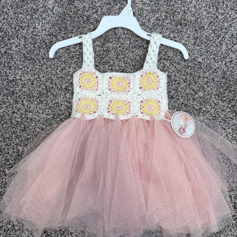Pink and White Crochet Tulle Dress for Kids